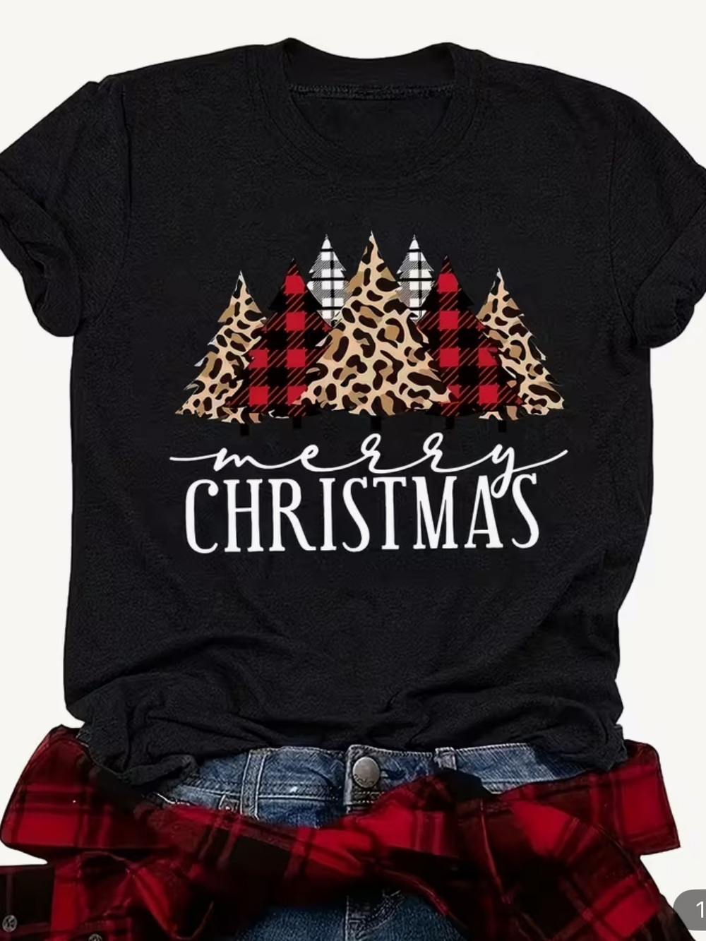 Merry Christmas Black Graphic Tee with Plaid & Leopard Tree Design